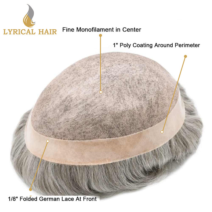 LYRICAL HAIR Hair System for Mens Hair Piece US STOCK Monofilament with PU Coating(NPU) Toupee Folded Lace Front Natural Hairline Mens Toupee|White