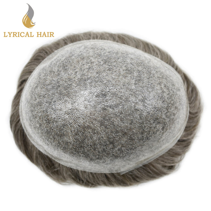LYRICAL HAIR US Stock 0.08mm Thickness Natural&Durable Knotted Thin Skin PU Human Hair System For Men V-Looped Knots Mens Hairpieces Natural Hairline Toupee for Men   | Gray