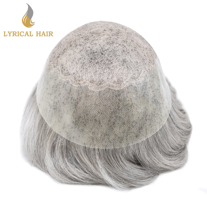LYRICAL HAIR US Stock Human Hair Swiss Super Welded Lace wIith Poly Natural Hairline Bleached  Knots Toupee for Men  | Gray