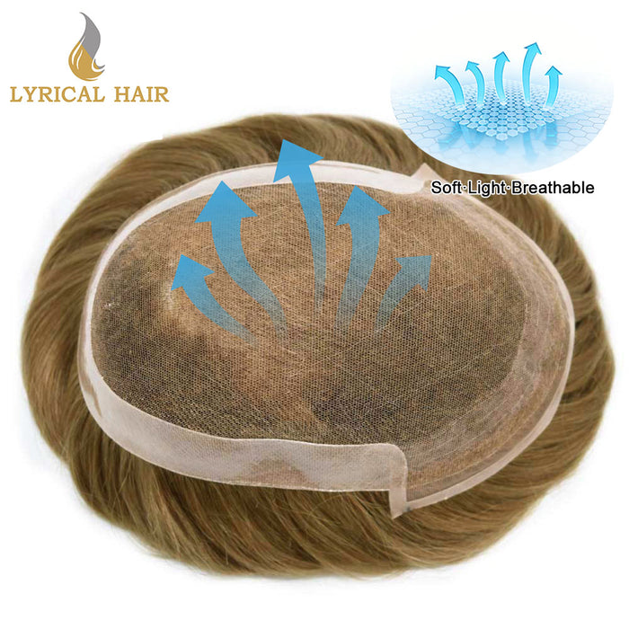 LYRICAL HAIR US Stock French Lace With Poly Coated Human Hair System For Men Natural Hairline Bleached  Knots Invisible Knots Toupee for Men  | Brown