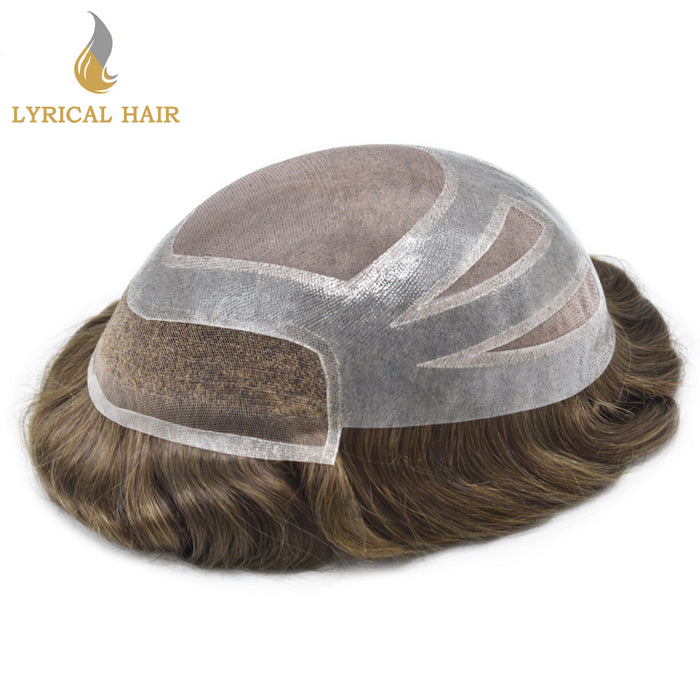 LYRICAL HAIR Fine Mono Poly Skin Mens Hair Pieces French Lace Front Men Toupee Hair Replacement System for Men |Brown