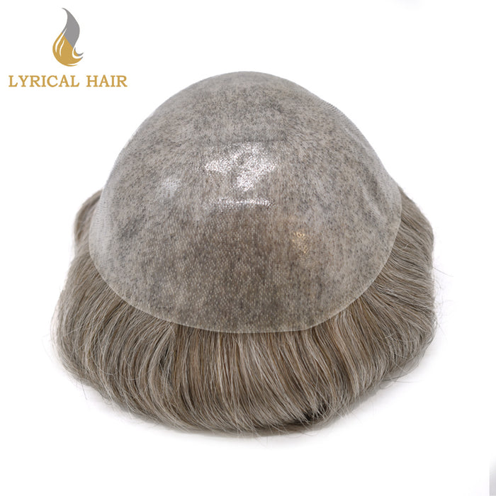 LYRICAL HAIR 0.10mm Thickness Durable Skin Knotted PU Human Hair System For Men 100% Hand Tied Woven Toupee for Men | Gray