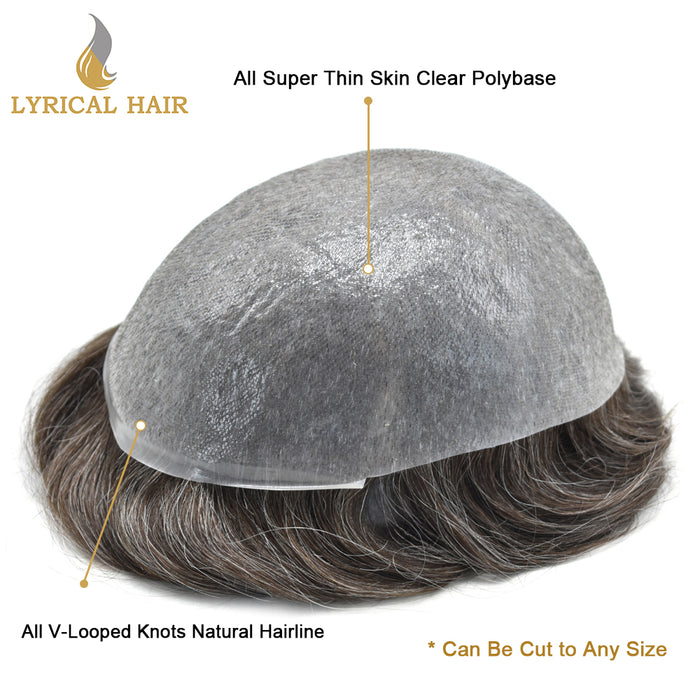 LYRICAL HAIR Mens Toupee 0.06mm Ultra Thin Skin Hair Replacement System for Men V-Looped Knots Mens Hairpieces Natural Hairline Toupee for Men |Gray
