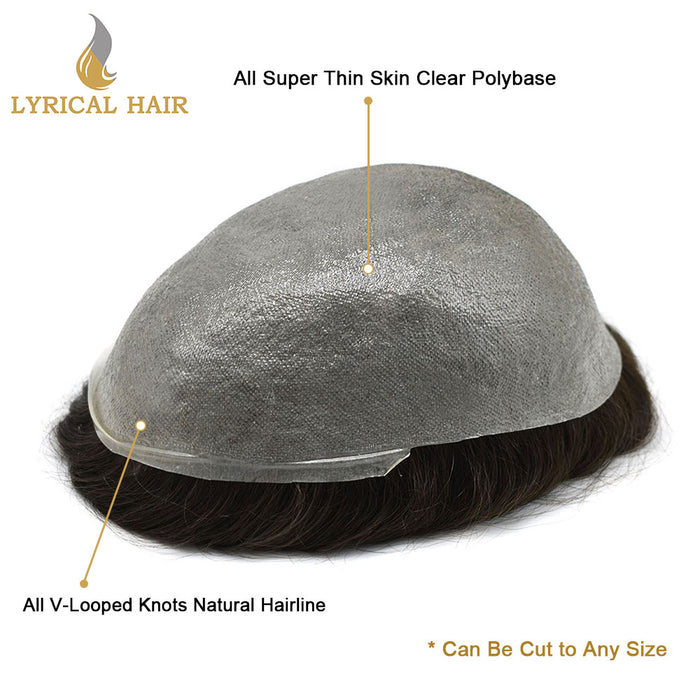 LYRICAL HAIR Mens Toupee 0.06mm Ultra Thin Skin Hair Replacement System for Men V-Looped Knots Mens Hairpieces Natural Hairline Toupee for Men |Brown