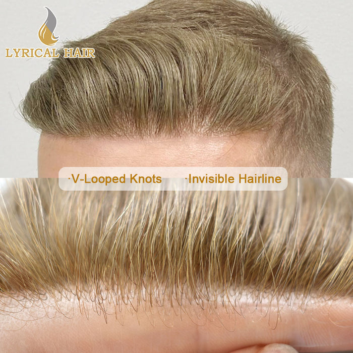 LYRICAL HAIR Mens Toupee 0.06mm Ultra Thin Skin Hair Replacement System for Men V-Looped Knots Mens Hairpieces Natural Hairline Toupee for Men |Blond