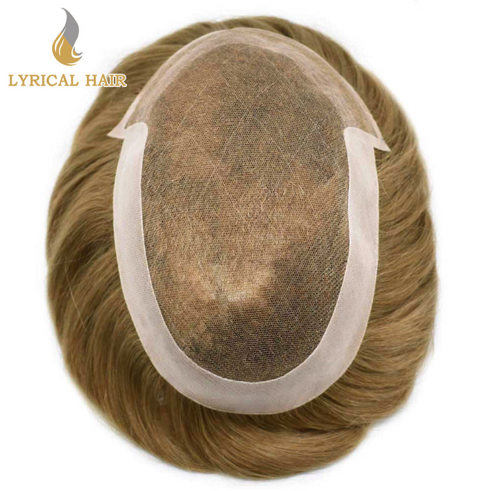 LYRICAL HAIR US Stock French Lace With Poly Coated Human Hair System For Men Natural Hairline Bleached  Knots Invisible Knots Toupee for Men  | Brown