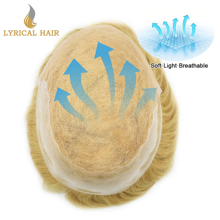 LYRICAL HAIR US Stock Human Hair Swiss Super Welded Lace wIith Poly Natural Hairline Bleached  Knots Toupee for Men  | Blond