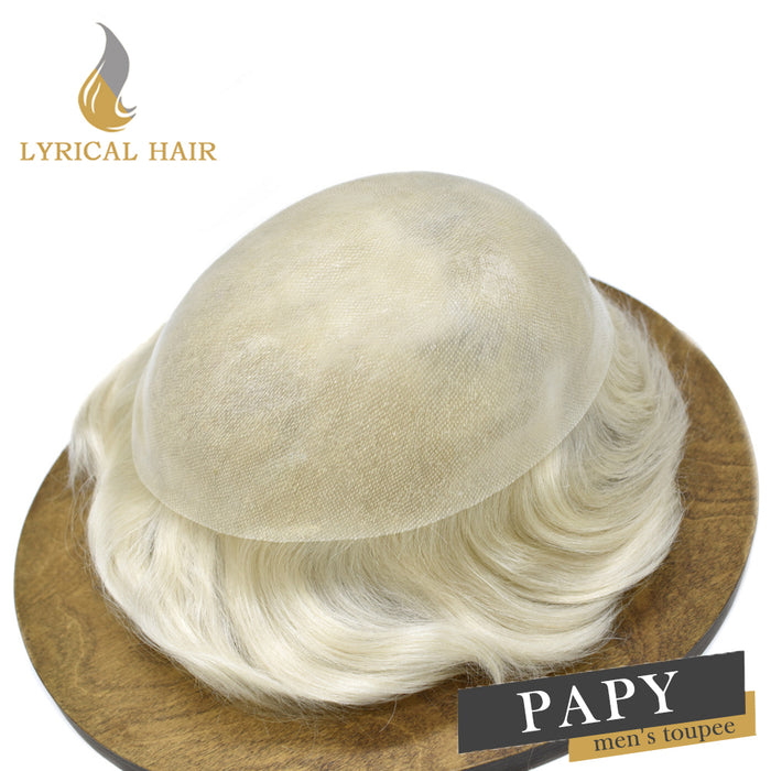 LYRICAL HAIR 0.10mm Thickness Durable Skin Knotted PU Human Hair System For Men 100% Hand Tied Woven Toupee for Men | White