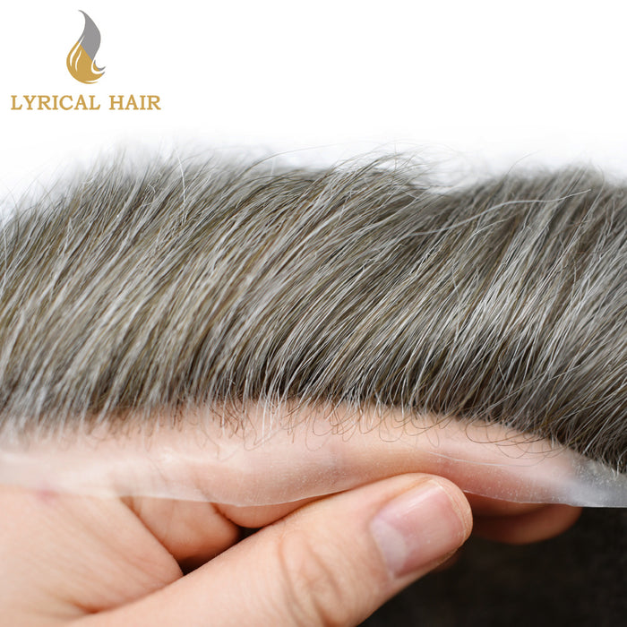 LYRICAL HAIR US Stock 0.08mm Thickness Natural&Durable Knotted Thin Skin PU Human Hair System For Men V-Looped Knots Mens Hairpieces Natural Hairline Toupee for Men   | Gray