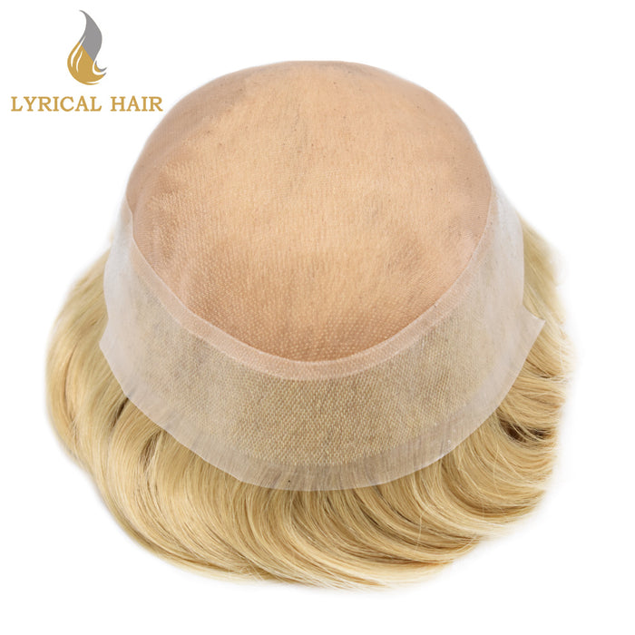 LYRICAL HAIR US Stock Blonde Human Hair System For Men Fine Monofilament With PU Hairpieces For Men | Blond