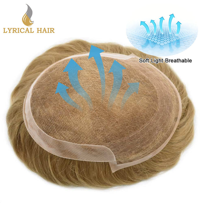 LYRICAL HAIR US Stock French Lace With Poly Coated Human Hair System For Men Natural Hairline Bleached  Knots Invisible Knots Toupee for Men  | Blond