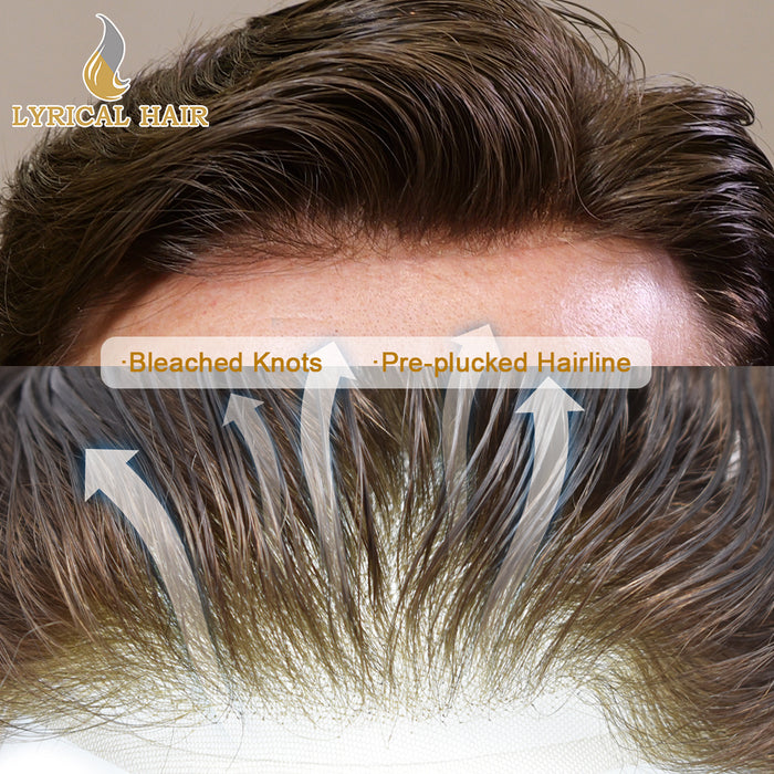 LYRICAL HAIR US STOCK Full French Lace Toupee for Men Hair System Bleached Knots Natural Hairline Mens Hair Piece|Brown