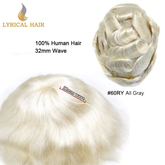 LYRICAL HAIR 0.10mm Thickness Durable Skin Knotted PU Human Hair System For Men 100% Hand Tied Woven Toupee for Men | White