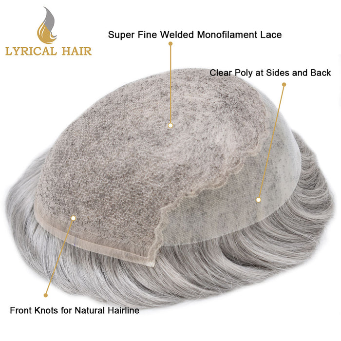 LYRICAL HAIR US Stock Human Hair Swiss Super Welded Lace wIith Poly Natural Hairline Bleached  Knots Toupee for Men  | Gray