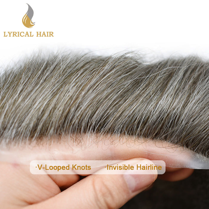 LYRICAL HAIR US Stock 0.08mm Thickness Natural&Durable Knotted Thin Skin PU Human Hair System For Men V-Looped Knots Mens Hairpieces Natural Hairline Toupee for Men   | Gray