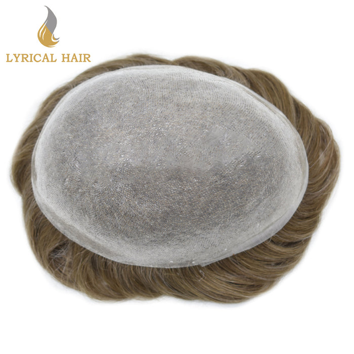 LYRICAL HAIR US Stock 0.08mm Thickness Natural&Durable Knotted Thin Skin PU Human Hair System For Men V-Looped Knots Mens Hairpieces Natural Hairline Toupee for Men   | Blond