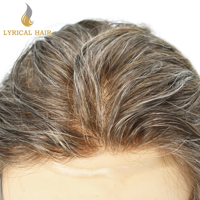 LYRICAL HAIR US Stock French Lace With PU White Human Hair System For Men Natural Hairline Bleached  Knots Invisible Knots Toupee for Men | Gray