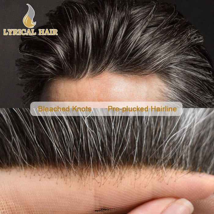 LYRICAL HAIR US Stock French Lace With Poly Coated Human Hair System For Men Natural Hairline Bleached  Knots Invisible Knots Toupee for Men  | Gray
