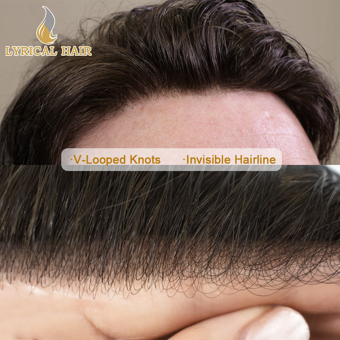 LYRICAL HAIR US Stock 0.06mm Ultra Thin Skin Hair System for Men V-Looped Knots Mens Hairpieces Toupee for Men