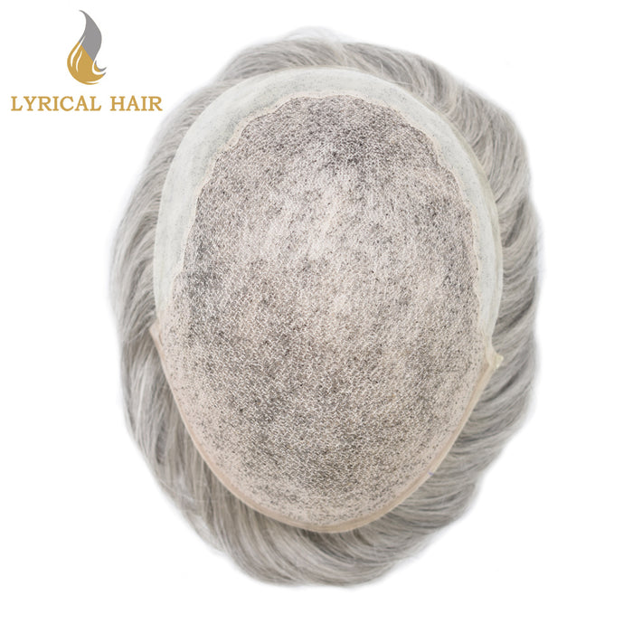 LYRICAL HAIR US Stock Human Hair Swiss Super Welded Lace wIith Poly Natural Hairline Bleached  Knots Toupee for Men  | Gray