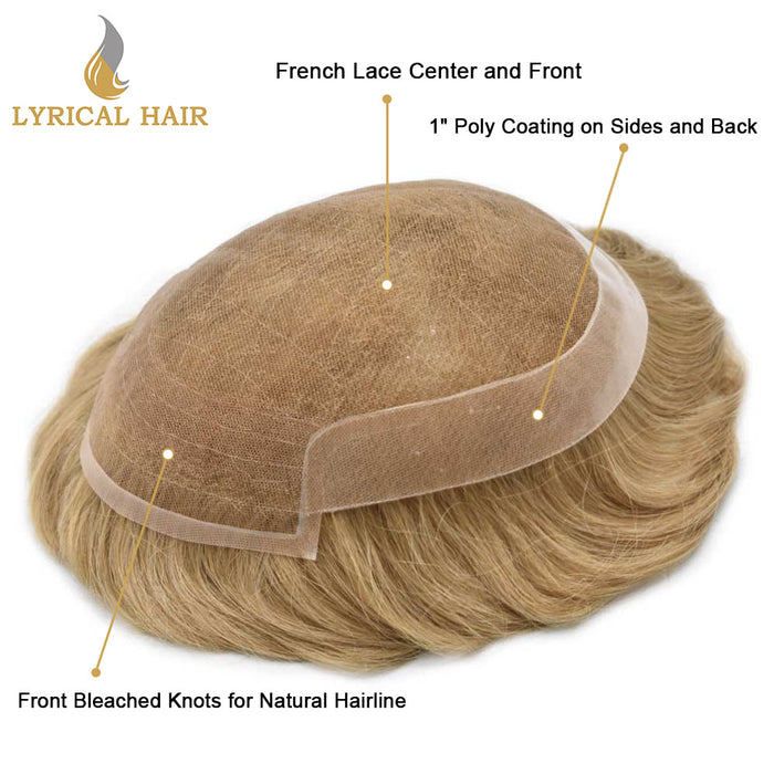 LYRICAL HAIR US Stock French Lace With Poly Coated Human Hair System For Men Natural Hairline Bleached  Knots Invisible Knots Toupee for Men  | Blond