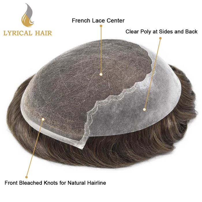 LYRICAL HAIR US Stock French Lace With PU Human Hair System For Men Natural Hairline Bleached  Knots Invisible Knots Toupee for Men|Fast shipping USA