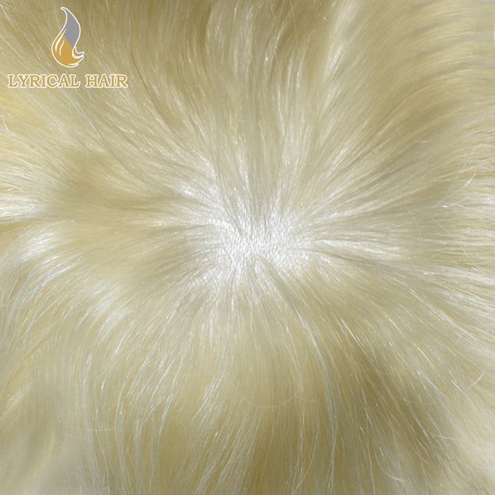 LYRICAL HAIR 0.10mm Thickness Durable Skin Knotted PU Human Hair System For Men 100% Hand Tied Woven Toupee for Men | White