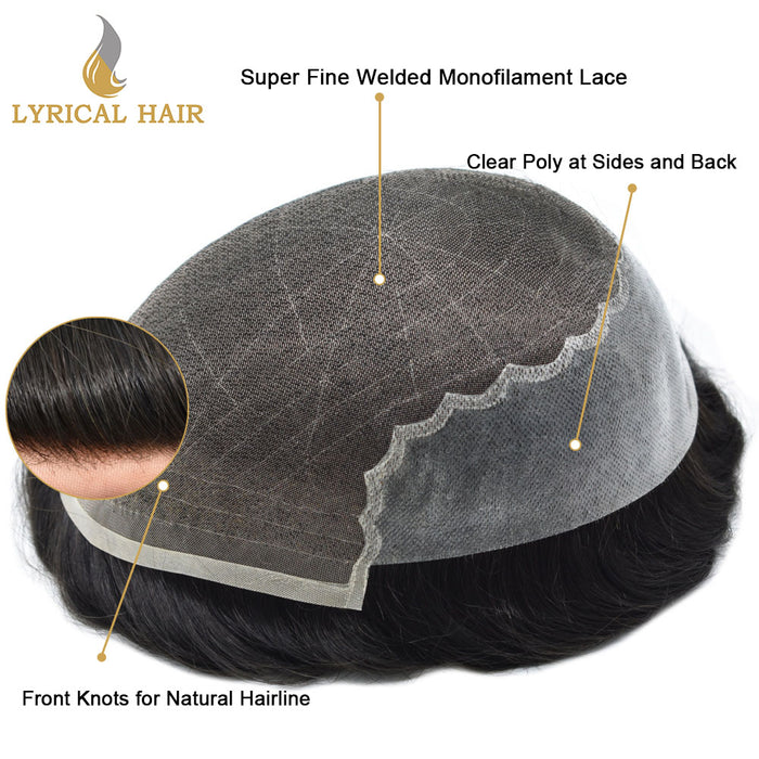 LYRICAL HAIR System For Men Human Hair Swiss Super Welded Lace wIith Poly Natural Hairline Bleached  Knots Toupee for Men