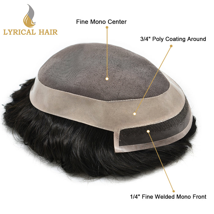 LYRICAL HAIR US Stock Fine Mono Hair System for Men PU Coated Perimeter 1/4ft Welded Mono Lace Front Mens Hairpieces|Fast shipping USA