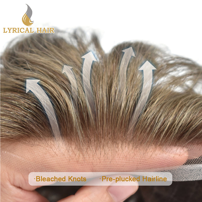 LYRICAL HAIR US Stock French Lace With Poly Coated Human Hair System For Men Natural Hairline Bleached  Knots Invisible Knots Toupee for Men  | Brown