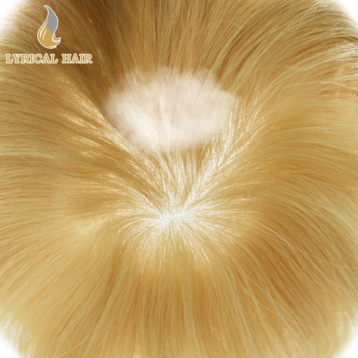 LYRICAL HAIR US Stock Human Hair Swiss Super Welded Lace wIith Poly Natural Hairline Bleached  Knots Toupee for Men  | Blond