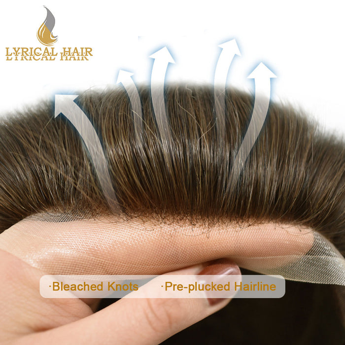 LYRICAL HAIR Hair System For Men Soft Welded Lace Base Front Human Hairpiece Bleached Knot Natural Hairline Hair System|Brown