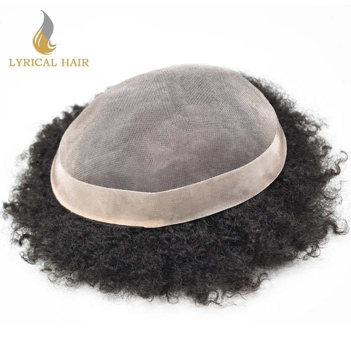 LYRICAL HAIR Afro Toupee For Black Men Fine Monofilament Men Wave Hair Unit Poly Coated Kinky Curly Hairpiece