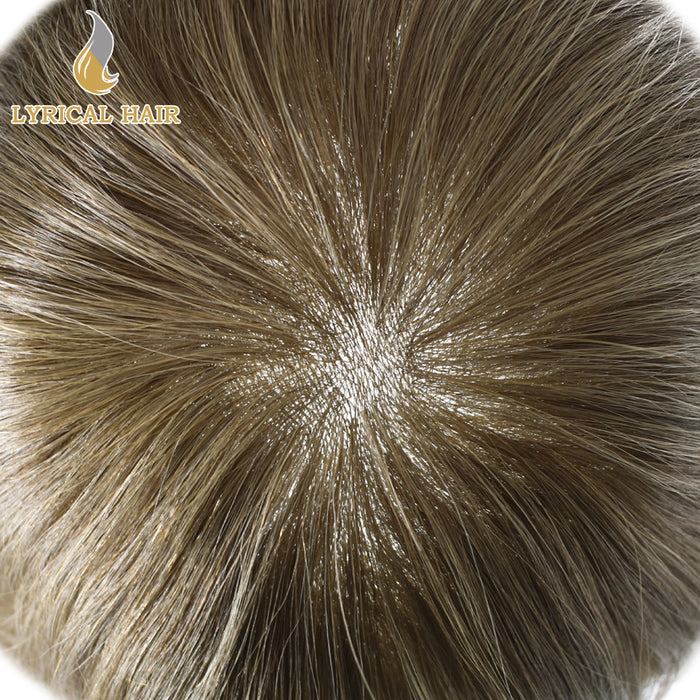 LYRICAL HAIR US Stock 0.08mm Thickness Natural&Durable Knotted Thin Skin PU Human Hair System For Men V-Looped Knots Mens Hairpieces Natural Hairline Toupee for Men   | Brown