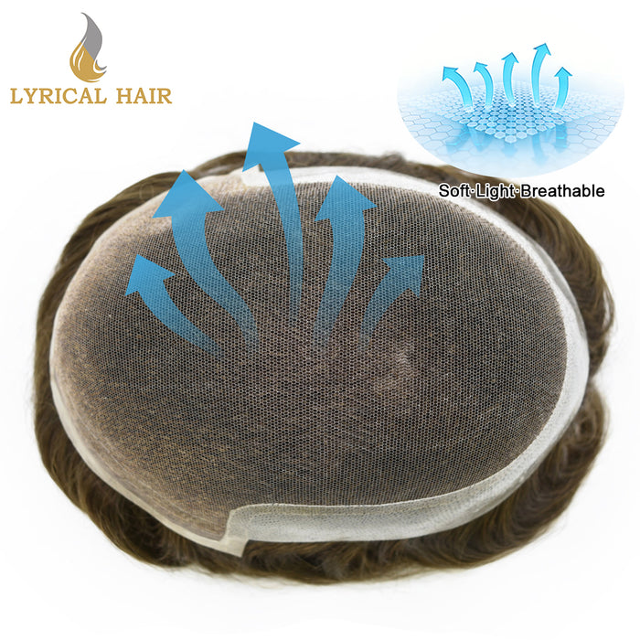 LYRICAL HAIR French Lace Front Mens Toupee Breathable Invisible Knots Human Hairpiece |Brown