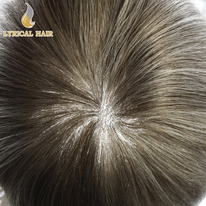 LYRICAL HAIR US Stock 0.08mm Thickness Natural&Durable Knotted Thin Skin PU Human Hair System For Men V-Looped Knots Mens Hairpieces Natural Hairline Toupee for Men   | Gray