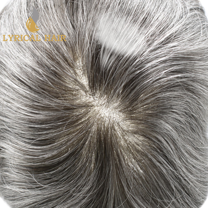 LYRICAL HAIR US Stock French Lace Hair System for Men PU Coated Mens Hairpiece Center Lace Human Toupee for Men|Gray