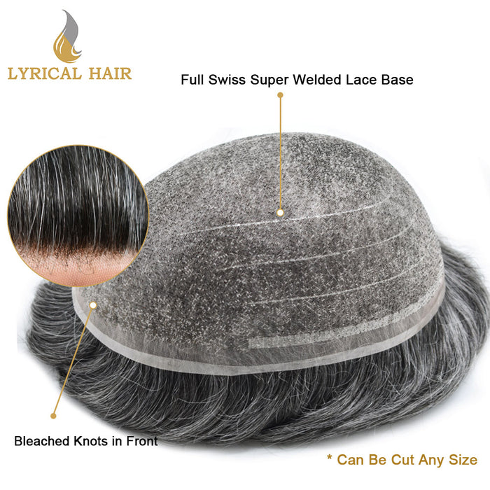 LYRICAL HAIR Full Swiss Super Welded Lace Mens Toupee US STOCK Bleached Knots Men Hair Piece Natural looking Icon Lace Toupee for Men|Gray