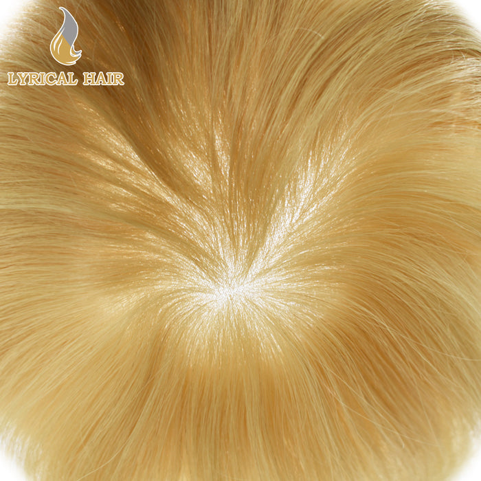 LYRICAL HAIR US Stock Human Hair Swiss Super Welded Lace wIith Poly Natural Hairline Bleached  Knots Toupee for Men  | Blond