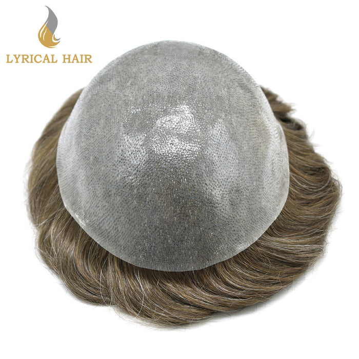 LYRICAL HAIR 0.10mm Thickness Durable Skin Knotted PU Human Hair System For Men 100% Hand Tied Woven Toupee for Men | Blond