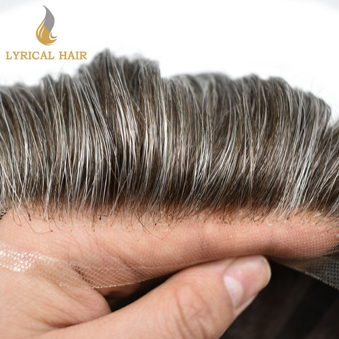 LYRICAL HAIR Fine Mono Poly Skin Mens Hair Pieces French Lace Front Men Toupee Hair Replacement System for Men |Gray