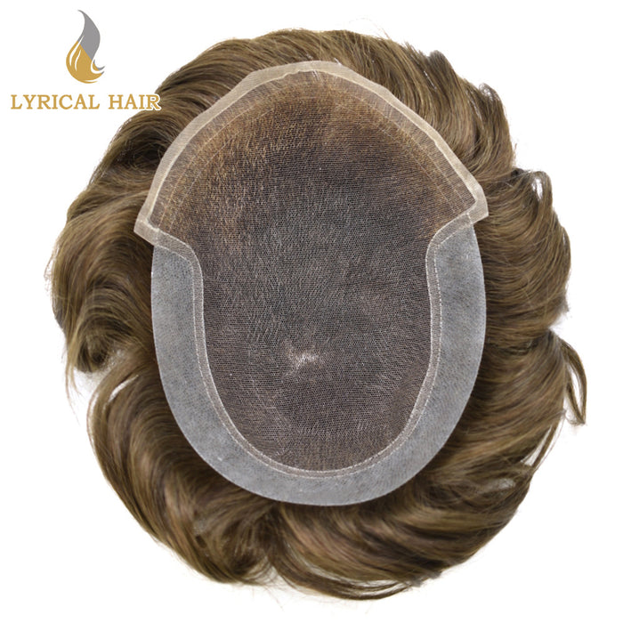 LYRICAL HAIR French Lace Front Mens Toupee Breathable Invisible Knots Human Hairpiece |Brown