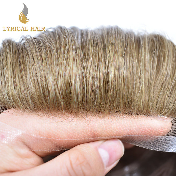 LYRICAL HAIR Fine Mono Poly Skin Mens Hair Pieces French Lace Front Men Toupee Hair Replacement System for Men |Blond