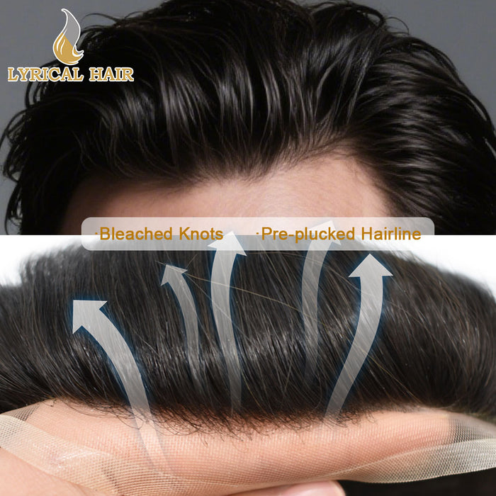 LYRICAL HAIR US Stock Human Hair Swiss Super Welded Lace wIith Poly Natural Hairline Bleached  Knots Toupee for Men  | Black