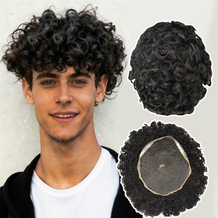US STOCK Afro Curly Toupee For Black Men Full Swiss Super Welded Lace Hair Units  for African American Men Hairpieces 25mm