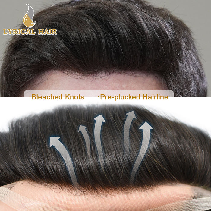 LYRICAL HAIR Hair System For Men Soft Welded Lace Base Front Human Hairpiece Bleached Knot Natural Hairline Hair System|Black