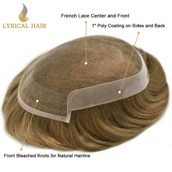 LYRICAL HAIR US Stock French Lace With Poly Coated Human Hair System For Men Natural Hairline Bleached  Knots Invisible Knots Toupee for Men  | Brown
