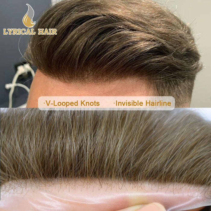 LYRICAL HAIR 0.08mm Thickness Natural&Durable Knotted Thin Skin PU Human Hair System For Men V-Looped Knots Mens Hairpieces Natural Hairline  Toupee for Men