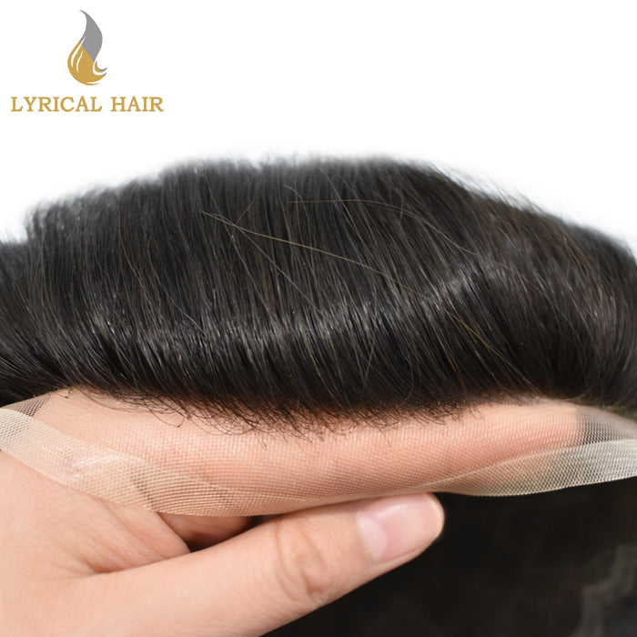 LYRICAL HAIR US Stock Human Hair Swiss Super Welded Lace wIith Poly Natural Hairline Bleached  Knots Toupee for Men  | Black