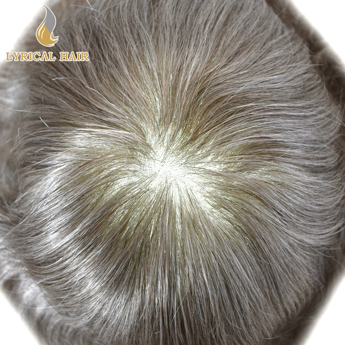 LYRICAL HAIR 0.10mm Thickness Durable Skin Knotted PU Human Hair System For Men 100% Hand Tied Woven Toupee for Men | Gray